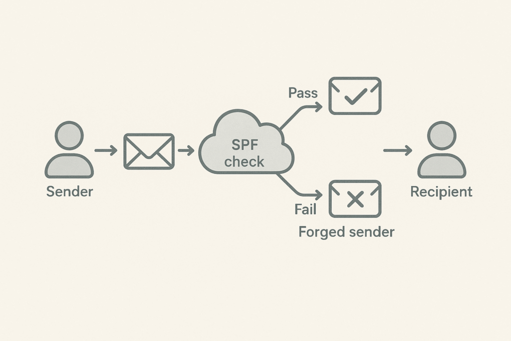 A simple, calm diagram shows the flow of an email from sender to recipient. On the left, a "Sender" icon (envelope) sends an email to an "Email Server" (cloud icon). The server performs an SPF check by querying the "DNS Server" (globe icon) for the sender domain's SPF record. If the sending server's IP matches the SPF record, the email is delivered to the "Recipient" (person icon). If not, the email is marked as spam or rejected. Red X icons highlight common failure points: missing SPF record, sender IP not authorized, or DNS lookup failure. Muted blues and grays are used throughout for a calm, clear look.