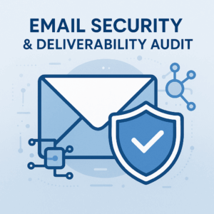 Square image showing an envelope with a shield, representing secure email deliverability audit and authentication setup.