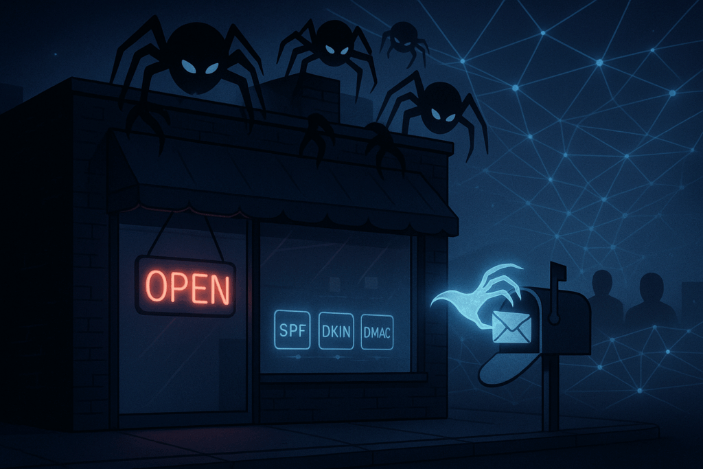 A small business storefront with a glowing "Open" sign, surrounded by digital threats: shadowy bots crawling over the building, and ghostly hands forging emails from the business's mailbox.